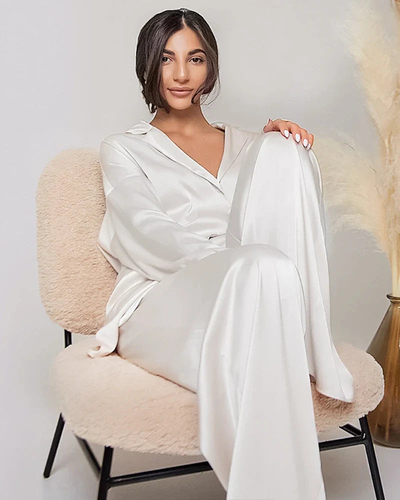 Oversized Silk Pajamas Set with Belt, White