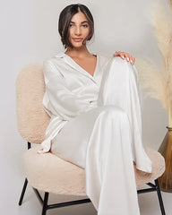 Oversized Silk Pajamas Set with Belt, White