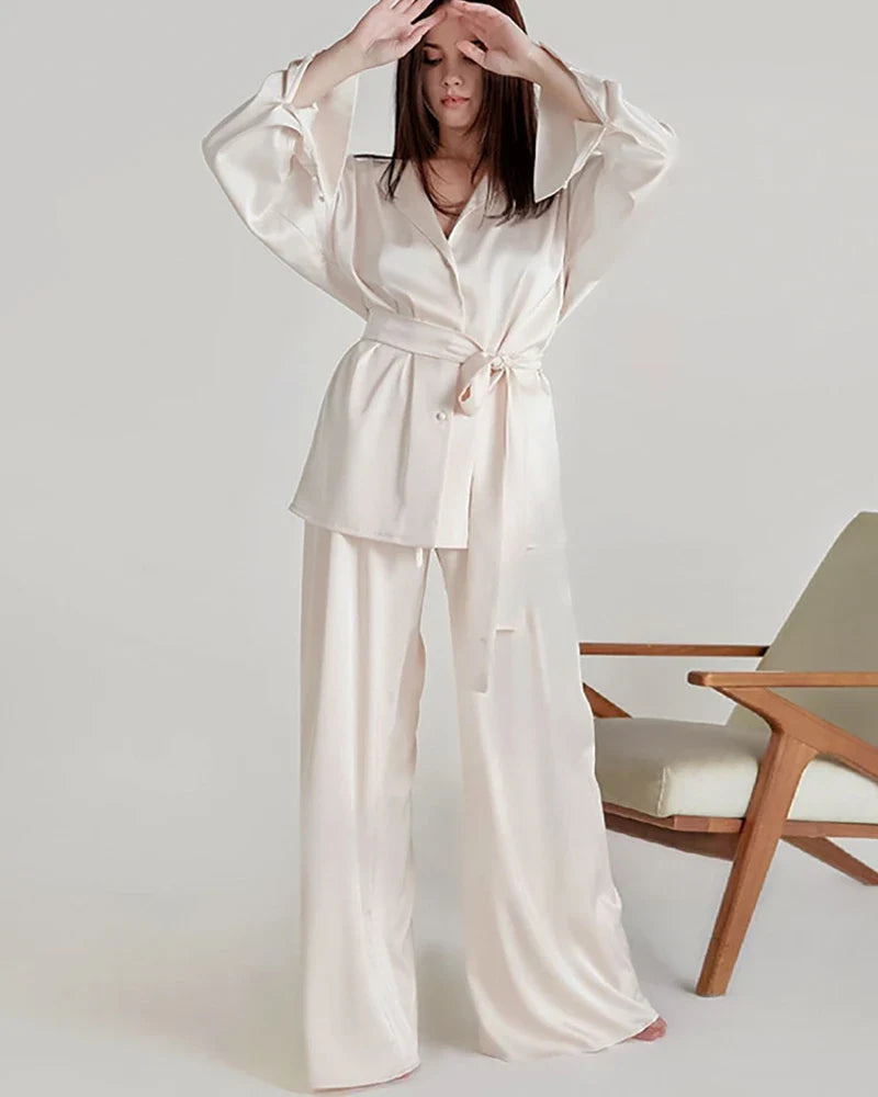 Oversized Silk Pajamas Set with Belt, White