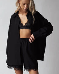 Oversized Silk Shirt Shorts Pajamas Set, Black