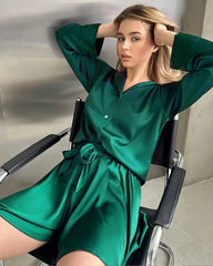 Plus Size Silk Shirts and Shorts PJs, Dark Green