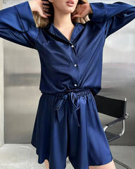 Plus Size Silk Shirts and Shorts PJs, Navy