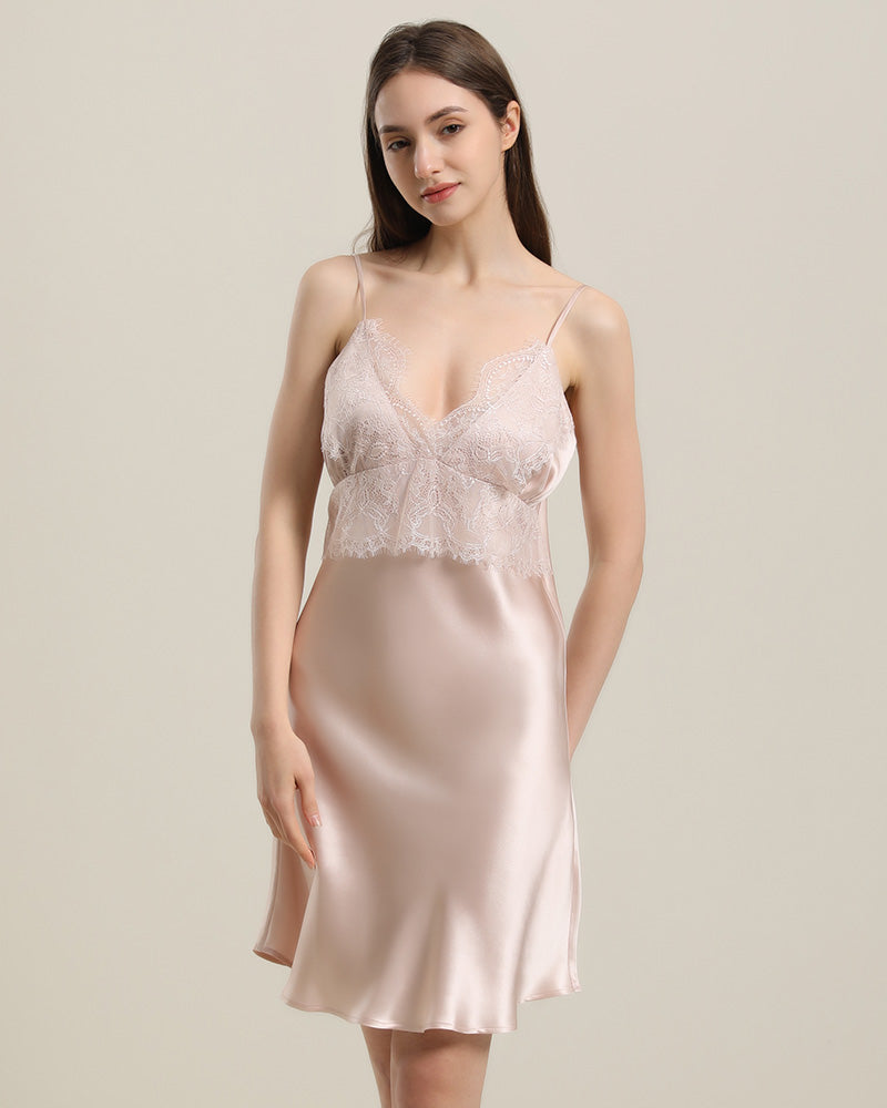 Silk Lace Nightgown Slip Dress, Pink