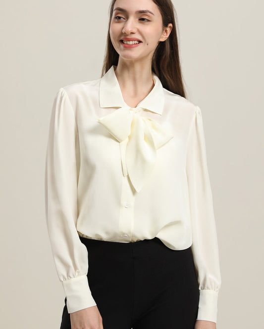 Pure Silk Bow Tie Blouse For Women