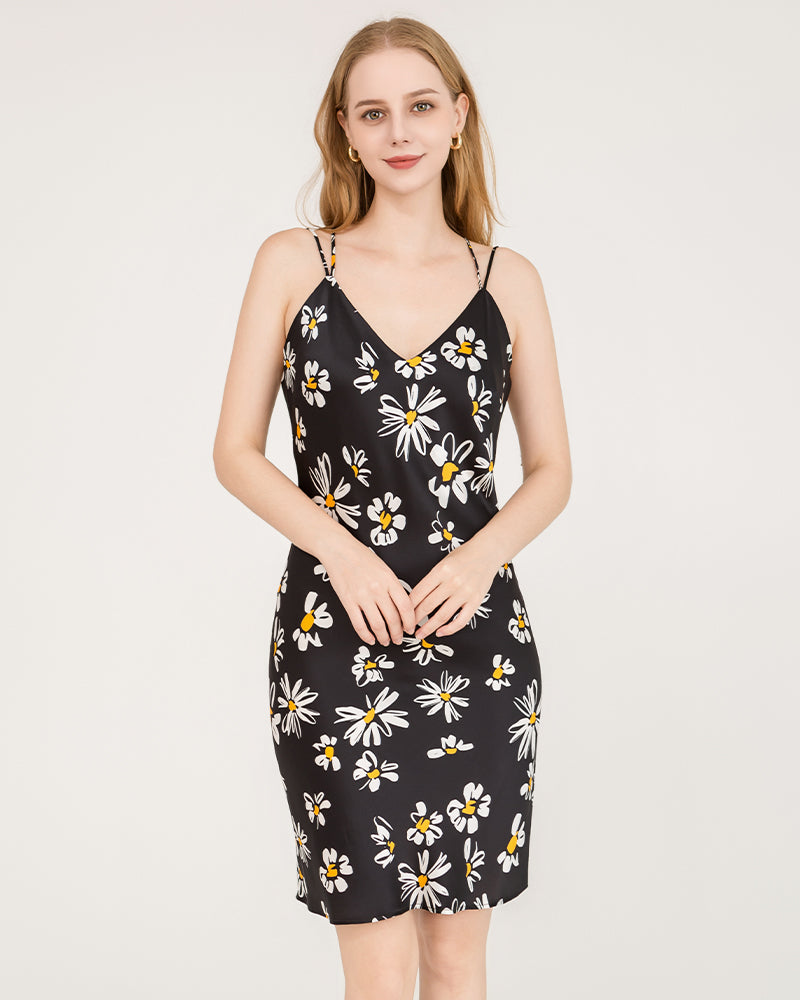 Daisy Print Cross Back 100% Silk Midi Dress Nightgown - DAISYSILK UK