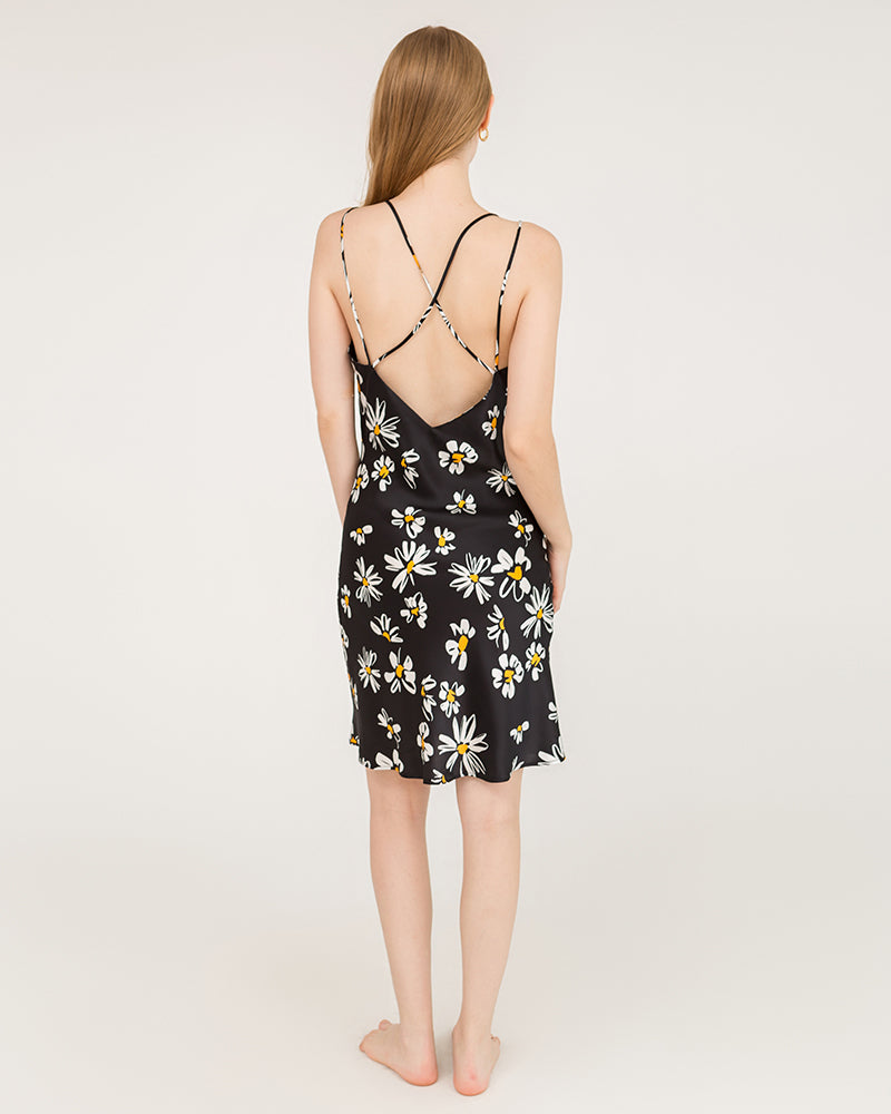 Daisy Print Cross Back 100% Silk Midi Dress Nightgown - DAISYSILK UK