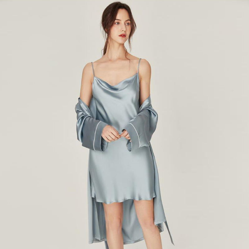 Pure Silk Nightgown & Robe Set 2Pcs Haze Blue