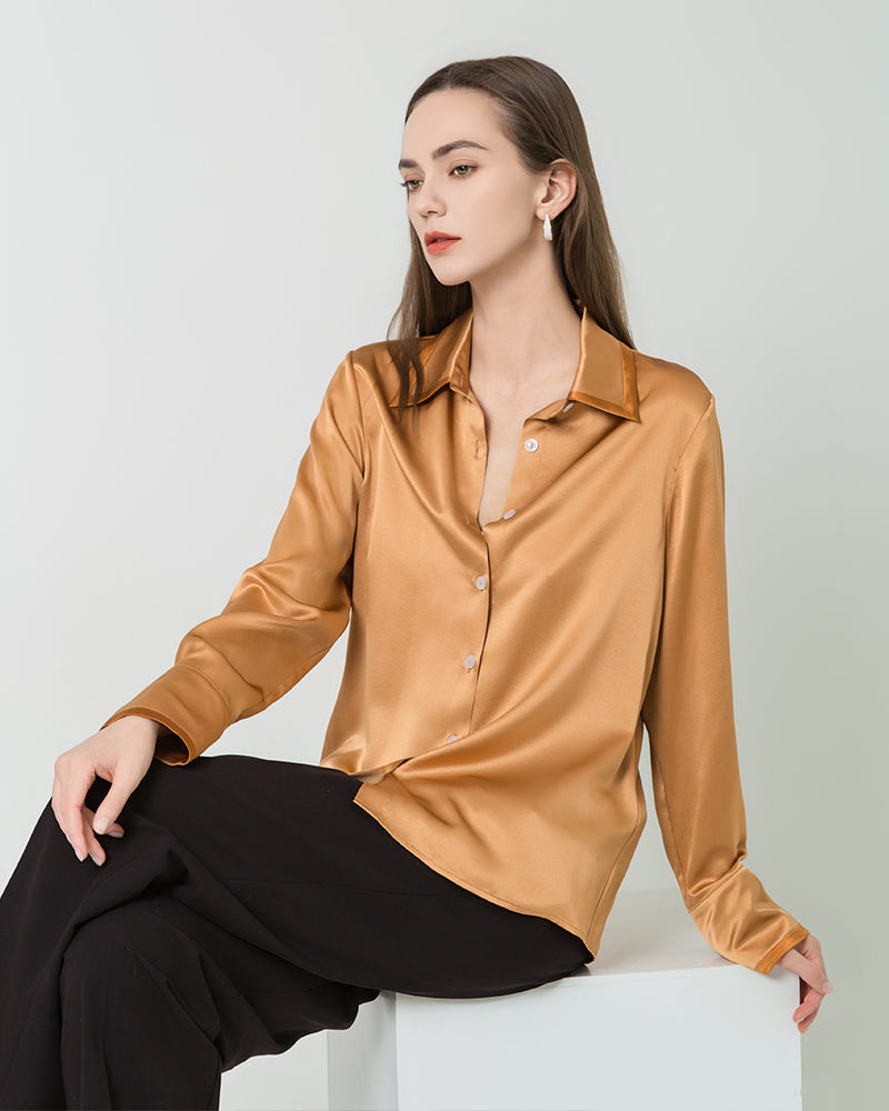 Contrast Collar Silk Blouse, Orange