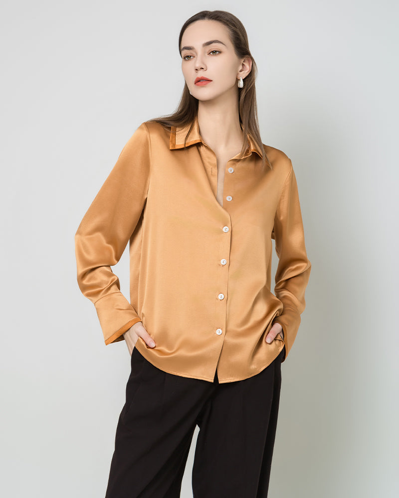 Contrast Collar Silk Blouse, Orange