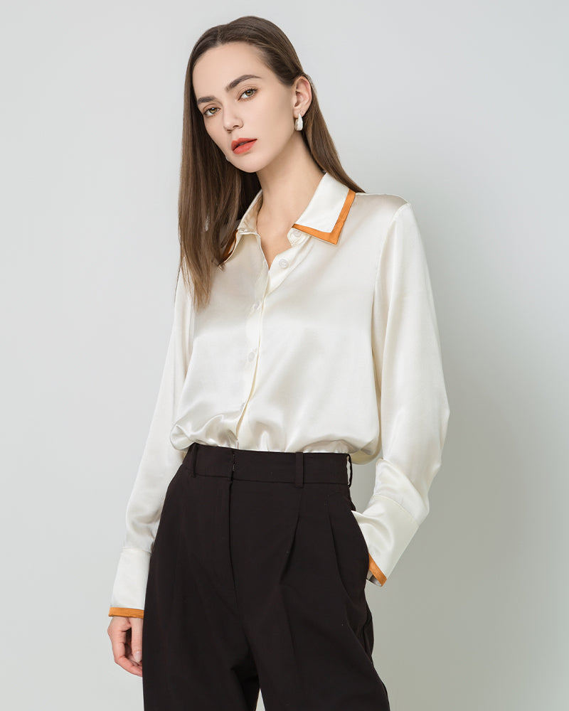 Contrast Collar Silk Blouse, White