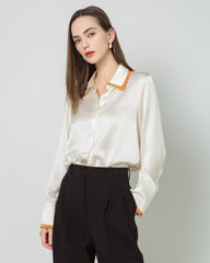 Contrast Collar Silk Blouse, White