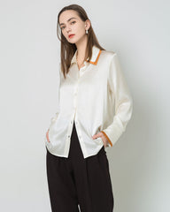 Contrast Collar Silk Blouse, White