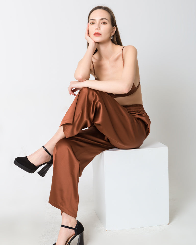 Women's Silk Wide-Leg Pants, Brown