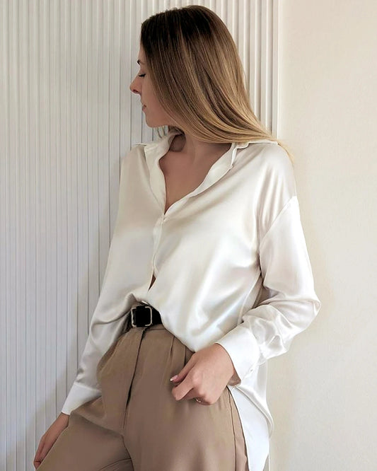 Relax Drop Shoulder Oversize Silk Shirt Ivory