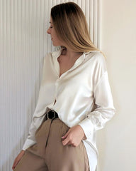 Relax Drop Shoulder Oversize Silk Shirt Ivory