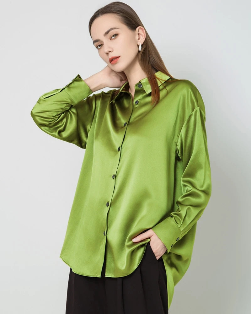 Relax Drop Shoulder Oversize Silk Shirt, Mustard Green