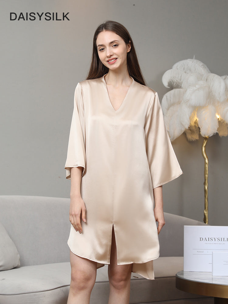 Relaxed 3/4 Sleeve Silk Nightgown, Champagne