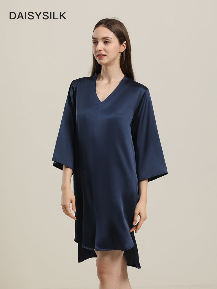 Relaxed 3/4 Sleeve Silk Nightgown, Navy