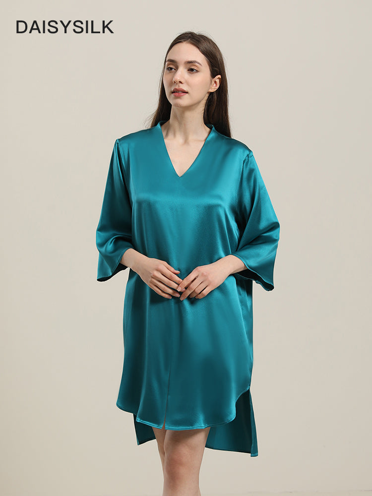 Relaxed 3/4 Sleeve Silk Nightgown, Peacock Blue