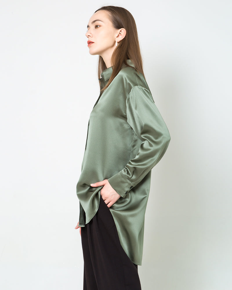 Relax Drop Shoulder Oversize Silk Shirt Olive Green