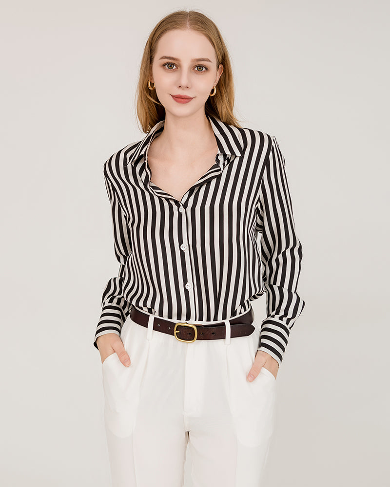 Oversize Vertical Stripe Silk Shirt, Black