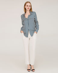 Oversize Vertical Stripe Silk Shirt, Navy