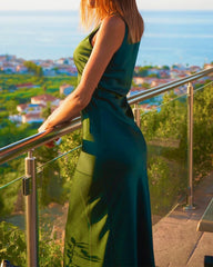 Silk Round Neck Cinched Waist Long Dress, Dark Green