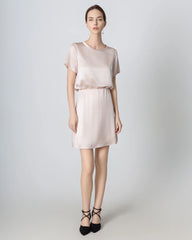 Round Neck Short Silk Shirt and Silk Mini Skirt Set, Pink
