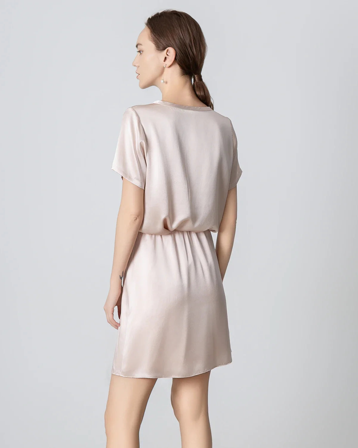 Round Neck Short Silk Shirt and Silk Mini Skirt Set, Pink