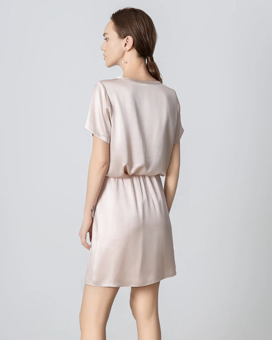 Round Neck Short Silk Shirt and Silk Mini Skirt Set, Pink