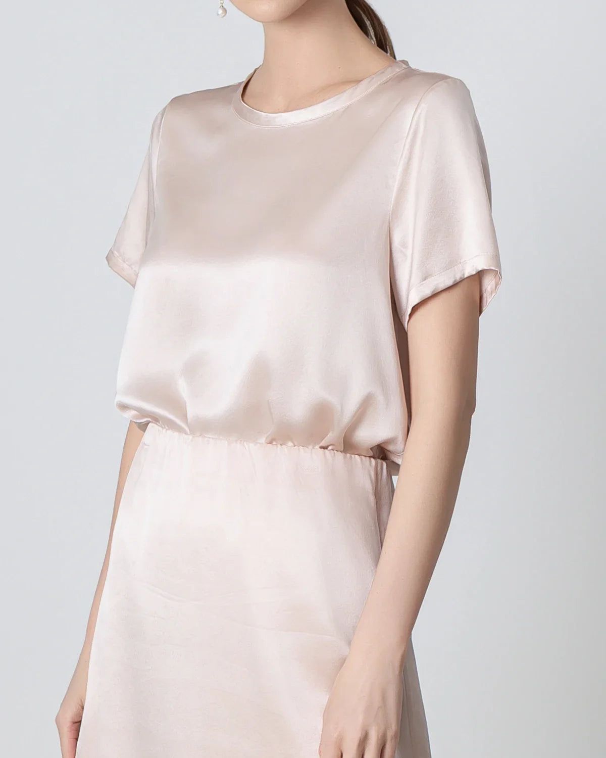 Round Neck Short Silk Shirt and Silk Mini Skirt Set, Pink