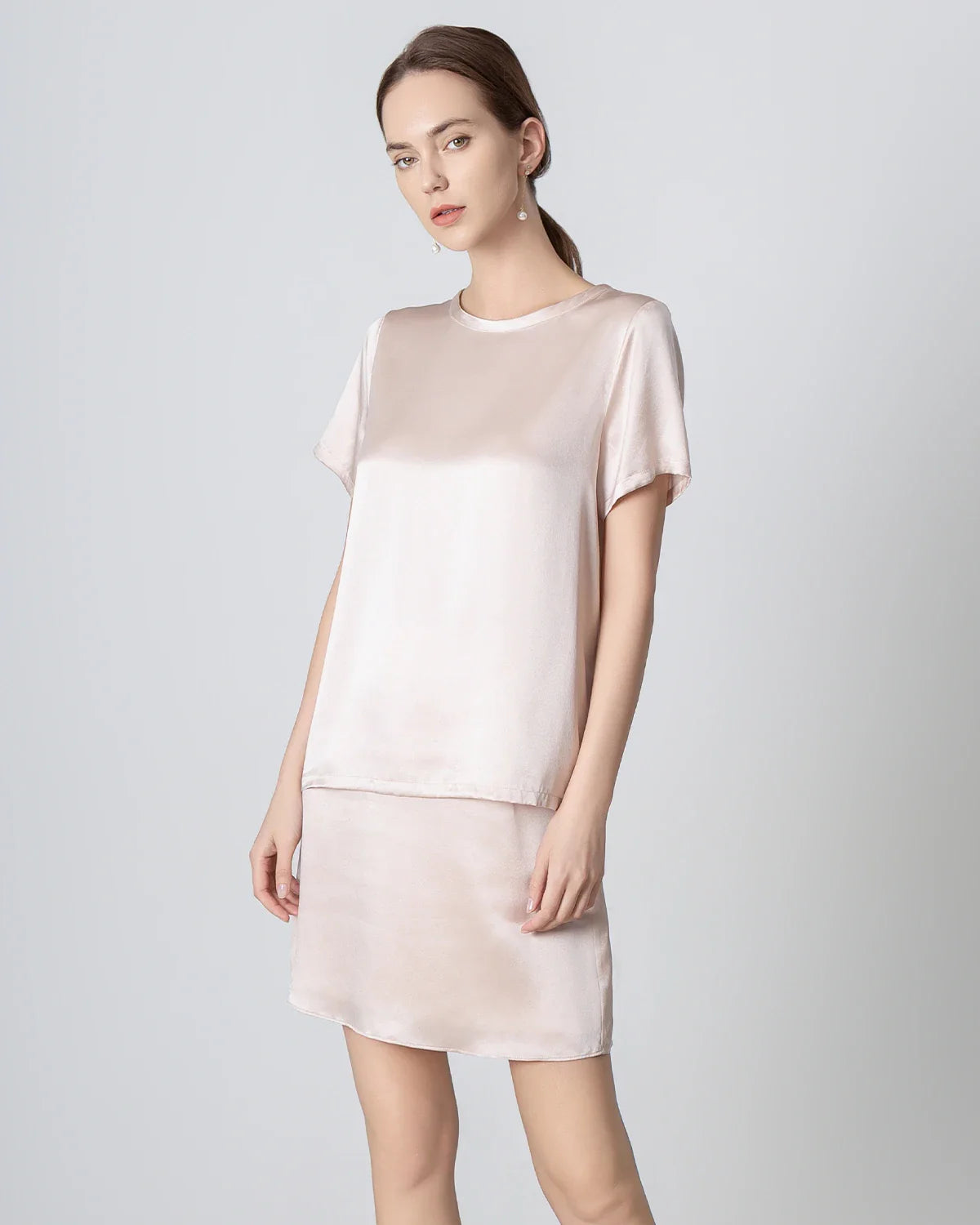 Round Neck Short Silk Shirt and Silk Mini Skirt Set, Pink