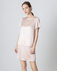 Round Neck Short Silk Shirt and Silk Mini Skirt Set, Pink