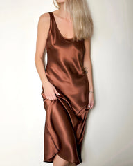 Scoop Neck Midi Silk Slip Dress, Brown