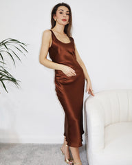 Scoop Neck Midi Silk Slip Dress, Brown