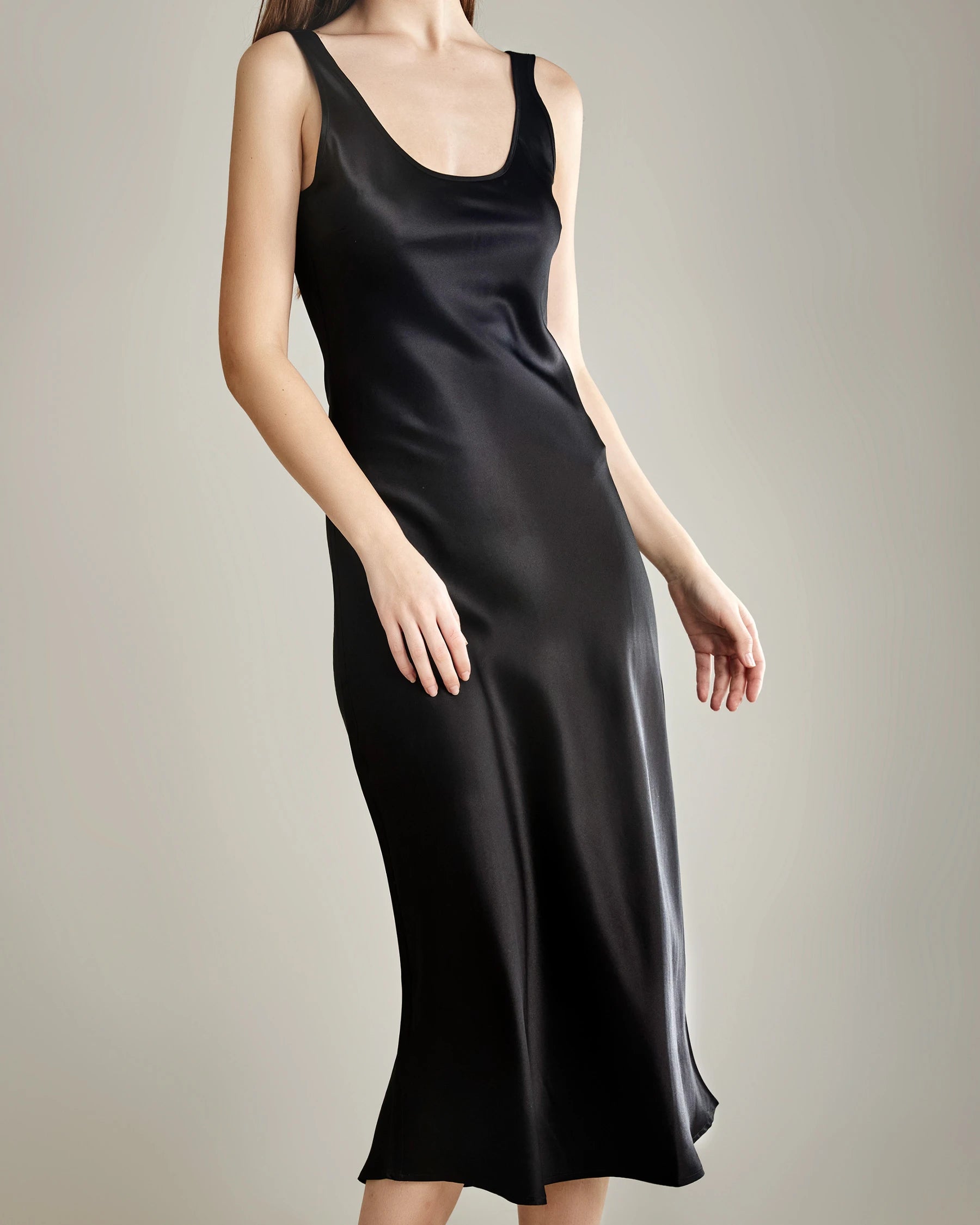 Scoop Neck Midi Silk Slip Dress Black