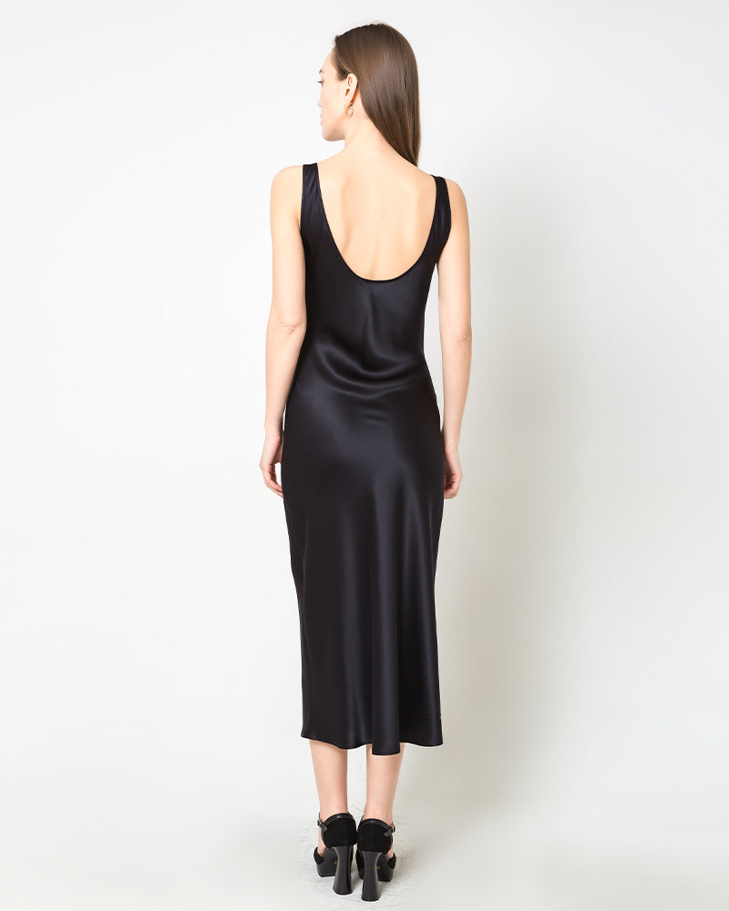 Scoop Neck Midi Silk Slip Dress Black