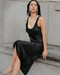 Scoop Neck Midi Silk Slip Dress, Black