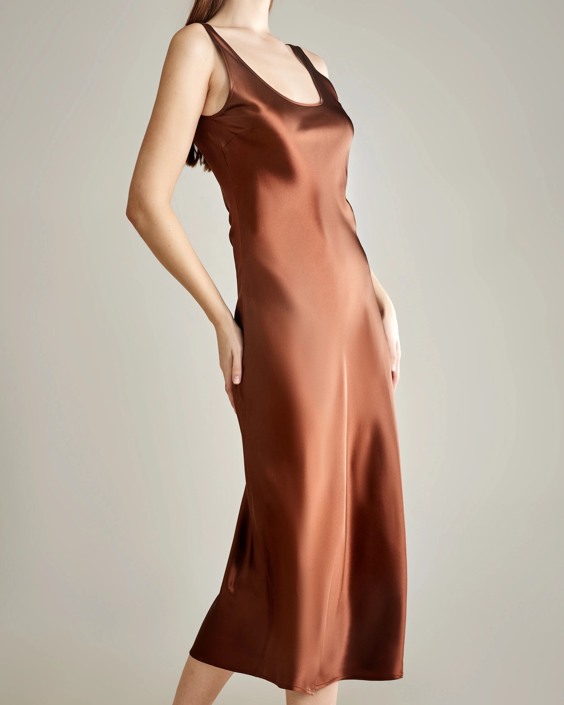 Scoop Neck Midi Silk Slip Dress, Brown
