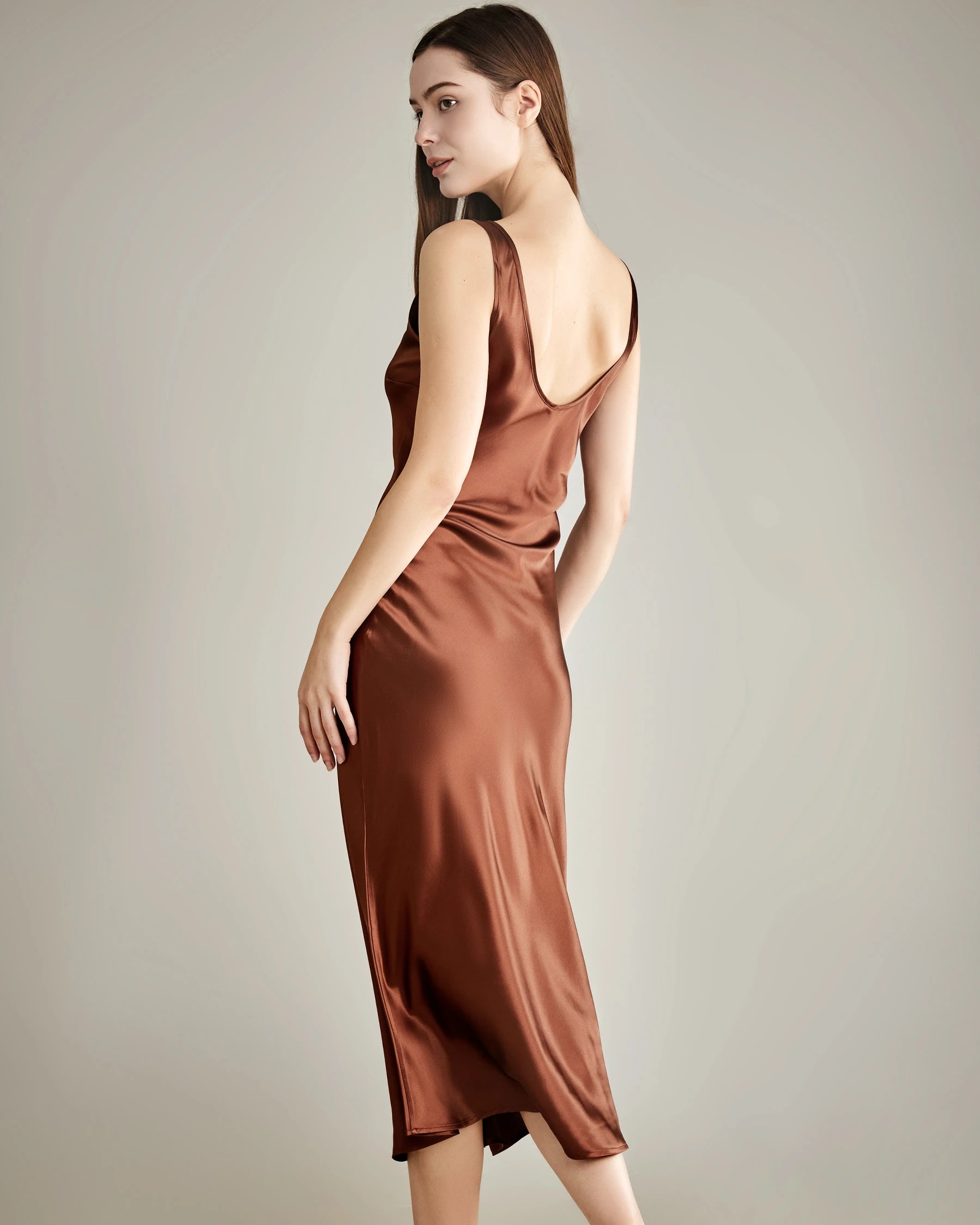 Scoop Neck Midi Silk Slip Dress, Brown
