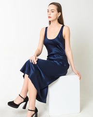Scoop Neck Midi Silk Slip Dress Navy