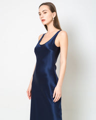 Scoop Neck Midi Silk Slip Dress Navy