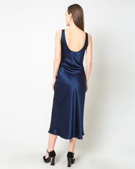 Scoop Neck Midi Silk Slip Dress Navy