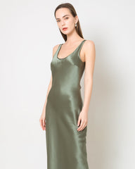 Scoop Neck Midi Silk Slip Dress Olive Green