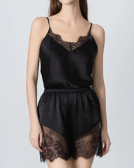 Short Lace Camisole Silk Pajama Set, Black