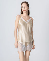 Short Lace Camisole Silk Pajama Set, Champagne