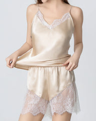 Short Lace Camisole Silk Pajama Set, Champagne