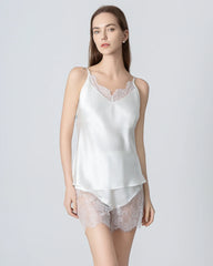 Short Lace Camisole Silk Pajama Set, White