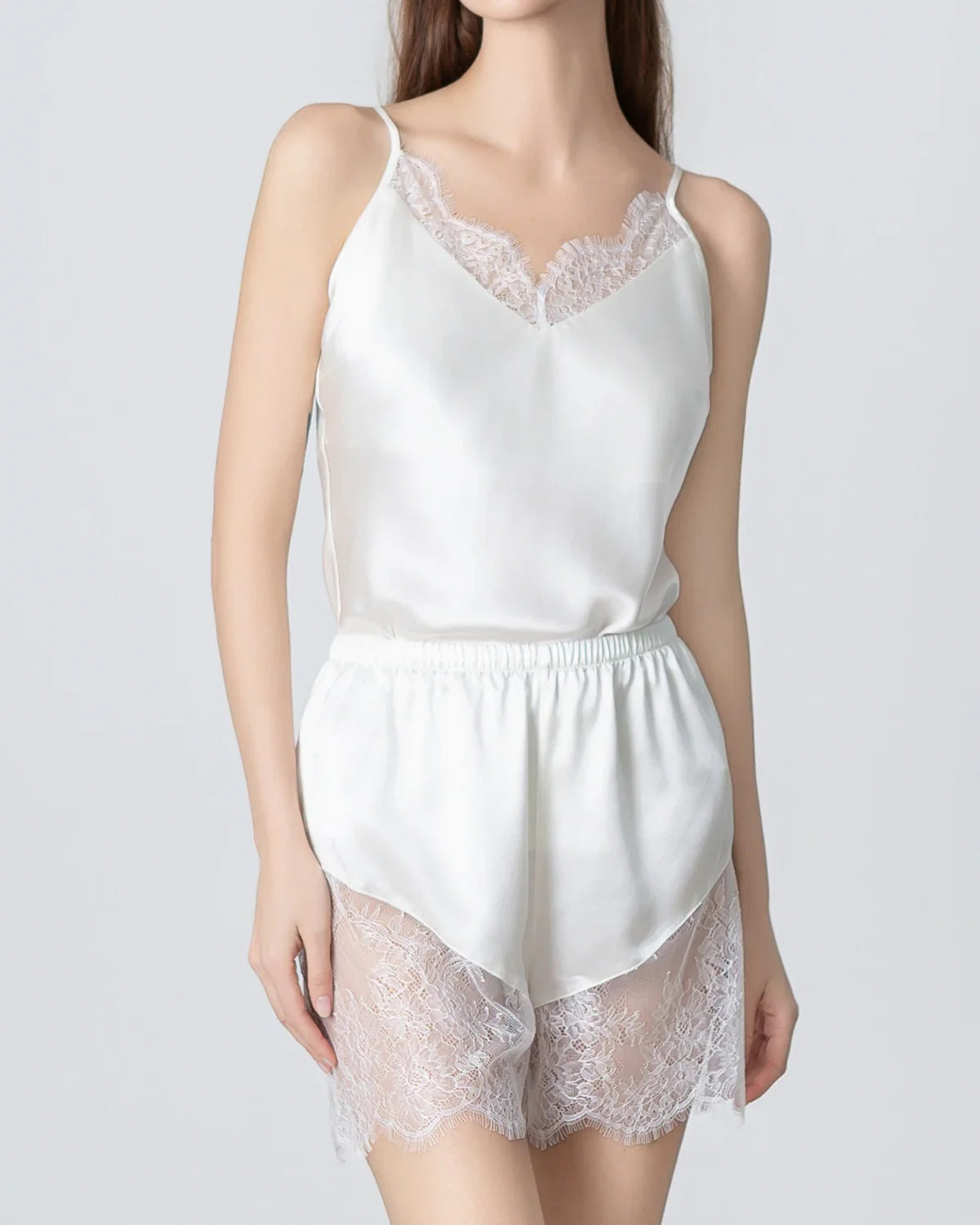 Short Lace Camisole Silk Pajama Set, White
