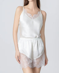 Short Lace Camisole Silk Pajama Set, White